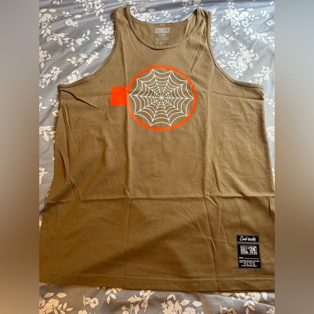 All-Rite Men's Brown Graphic Tank Top with Orange Web Detail